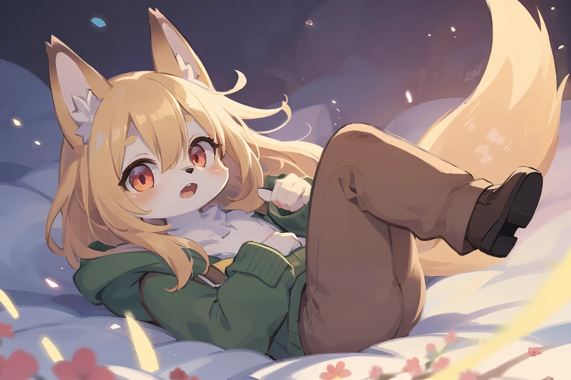 flat color, shota the fox, , was hairy, shaggy, skin fur, smooth lashes, golden fur, forelimb hands, straight long blonde hair, solid circle eyes, golden ears, golden fur, golden facial fur, shiny hair, red eyes, super cute face, 1fox tail, fluffy tail, furry tail, glowing eyes, green coat green hood down, pussy, pussy juice, open mouth, sleeping on bed, ambient light, ultra-fine fur, dashed eyes, masterpiece, high quality, high-details, best quality, (solo)