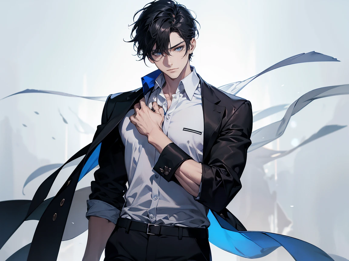 1 male,, 26 years old, Masculine, Short black hair, Charm, White shirt, Black trousers, Beautiful Blue Eyes、Beautiful Hair、Expressionless,, Trending on Art Station, 8k resolution, Very detailed, Anatomically correct, Clear images, Digital Painting, Concept Art, Highest quality、