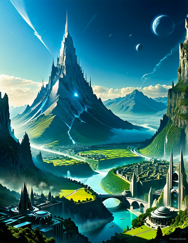 futuristic city, fantasy, 23rd century, England, mountains