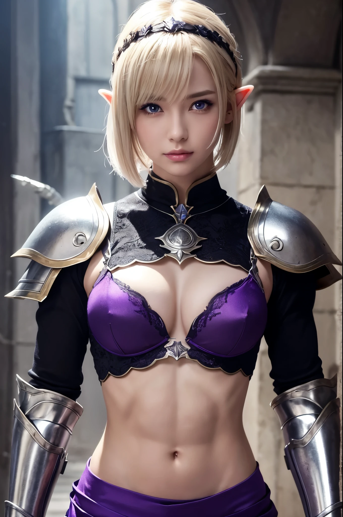 8k、Short blonde bobヘアのエルフ、Super Beauty(Realistic)、Alafeid woman dressed in purple and black、Ultra-detailed fantasy characters、3D Rendering Character Art、blue eyes、Detail Fantasy、Stunning Armor、Amazing character art、Gorgeous Female Paladin、Ultra-high resolution、Ultra-Realistic Skin、Beautiful expression、Sexy Appearance、Fascinating、Beautiful small breasts、Rich colors、Backlight、Cinema Lighting、Film Grain、50mm lens、Nikon D850、Fantasy art、In the dark dungeon、make、Elf Ears、Very muscular and slim build、Very strong and toned abdominal muscles腹筋(Six Pack)、Silver hair ornament(one point)、Purple and black combat pants、湾曲した銀2Hold two swords in each hand、Preparing for battle、Short blonde bob,Strengthen all body muscles,Very strong and toned abdominal muscles(Six Pack),2Hold two swords in each hand,With silver and purple ribbon,Amazing muscles,Bodybuilder,Dynamic fighting pose,Black and purple combat trousers,
