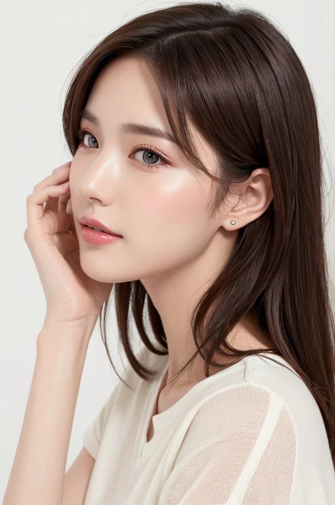 (Highest quality、Tabletop、8k、Best image quality、Award-winning works)、((profile:1.4))、ear、((Medium Hair:1.46)),(Brown Hair)、(White casual clothes:1.2)、(The simplest pure white background:1.3)、(Perfectly fixed in front:1.1),(Portrait with Space:1.2)、Beautiful and exquisite、Perfect Makeup、Ultra-high definition beauty face、Ultra HD Hair、Ultra HD Shining Eyes、Super high quality glossy lip、Accurate anatomy、Very beautiful skin、(Pure white skin shining in ultra-high resolution:1.1)、(Very bright:1.2),Big Natural Color Lip、Lip gloss,Harajuku、cute、cute美人