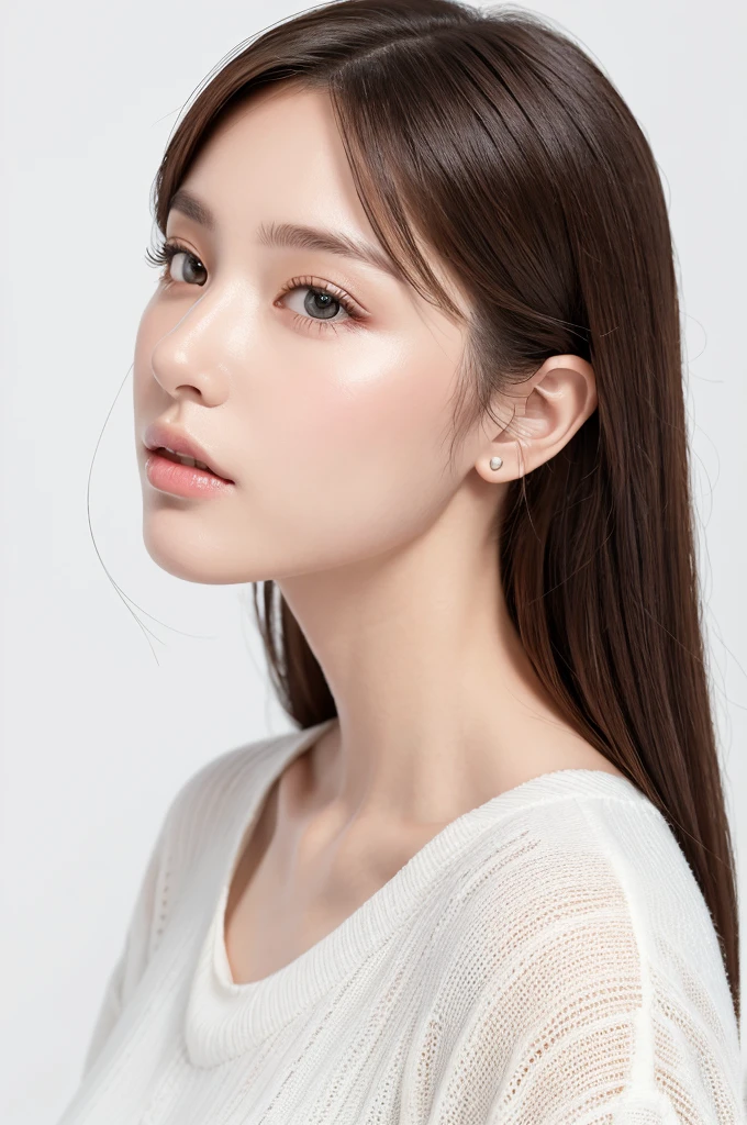 (Highest quality、Tabletop、8k、Best image quality、Award-winning works)、((profile:1.4))、ear、((Medium Hair:1.46)),(Brown Hair)、(White casual clothes:1.2)、(The simplest pure white background:1.3)、(Perfectly fixed in front:1.1),(Portrait with Space:1.2)、Beautiful and exquisite、Perfect Makeup、Ultra-high definition beauty face、Ultra HD Hair、Ultra HD Shining Eyes、Super high quality glossy lip、Accurate anatomy、Very beautiful skin、(Pure white skin shining in ultra-high resolution:1.1)、(Very bright:1.2),Big Natural Color Lip、Lip gloss,Harajuku、cute、cute美人