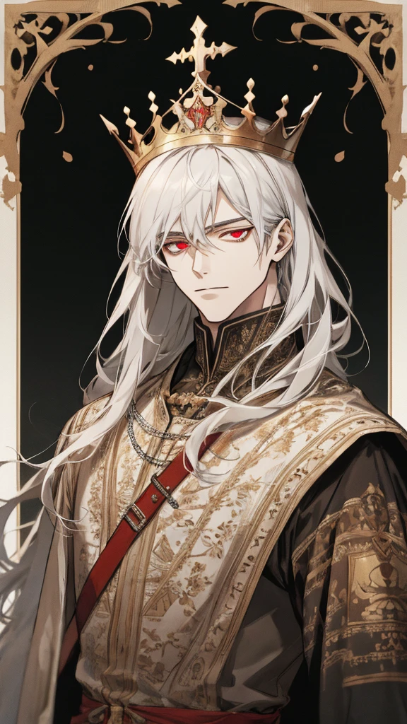 (extreamly delicate and beautiful:1.2), 8K,(шедевр:1.0),(best_quality:1.0), 1boy, and intricate detailing, Enlarged textures, and intricate detailing, finely eye and detailed face, and intricate detailing, black medieval outfit, ruinscape background, (closed mouths),long white hair with crown, Perfect eyes, red eyes, Equal eyes, (A male god)
