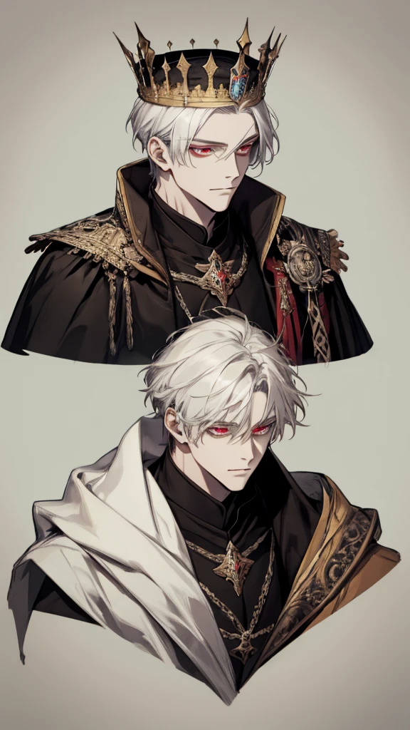 (extreamly delicate and beautiful:1.2), 8K,(шедевр:1.0),(best_quality:1.0), 1boy, and intricate detailing, Enlarged textures, and intricate detailing, finely eye and detailed face, and intricate detailing, black medieval outfit, ruinscape background, (closed mouths),long white hair with crown, Perfect eyes, red eyes, Equal eyes, (A male god)