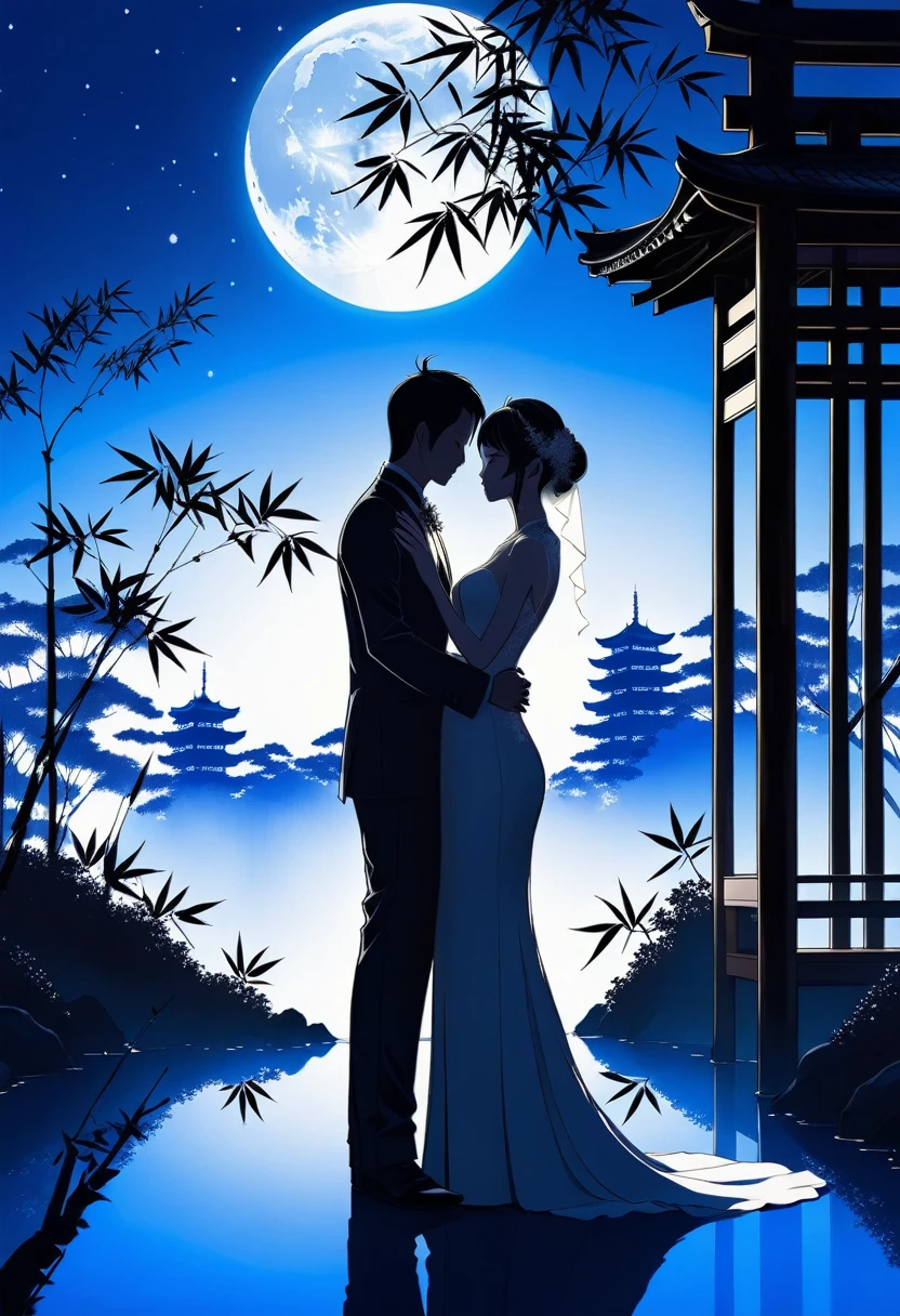 ((Silhouette Art)), 1Bridal Clothing, (Double contact:1.3), Weddings at the restaurant overlooking a Japanese garden surrounded by bamboo trees, Blue Moon, (close up), promote, complicated, (best quality, masterpiece, representative work, Official Art, professional, Unity 8k wallpaper:1.3)