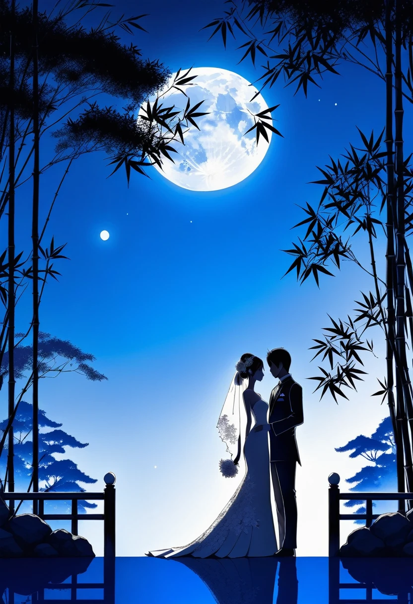 ((Silhouette Art)), 1Bridal Clothing, (Double contact:1.3), Weddings at the restaurant overlooking a Japanese garden surrounded by bamboo trees, Blue Moon, (close up), promote, complicated, (best quality, masterpiece, representative work, Official Art, professional, Unity 8k wallpaper:1.3)