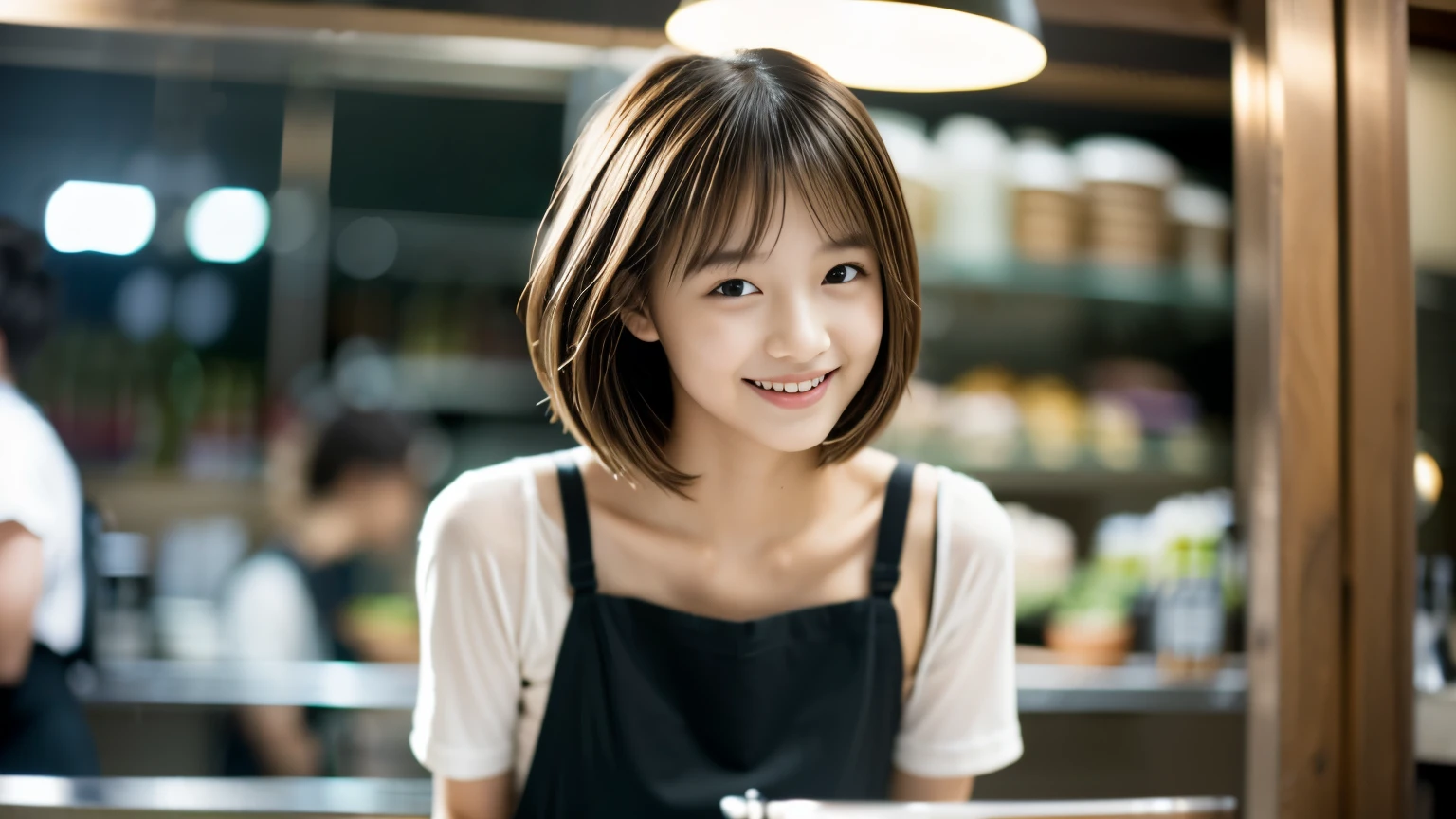 super high quality, Fashion Model, smile, Slenderのネックレス, Slender, The staff is working at the counter in the back., (8k、RAW Photos、Highest quality、masterpiece:1.2), Japanese Idol, Stylish café, (Realistic、Photorealistic:1.37), Mesh Hair, Urban Cafe, Golden Ratio, Raw photo, Cute face , Light Brown Hair, Small breasts, Bright cafe interior, Blurred Background, Summer clothes, Beautiful hairstyle, Photographed inside the cafe, Hair blowing in the wind, Very Short Hair, 18-year-old,