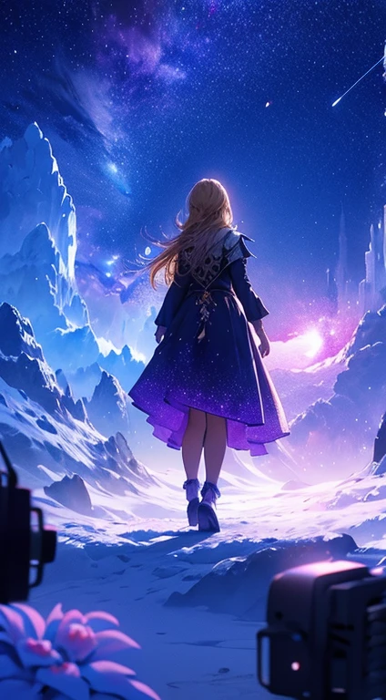 1people々々々々々々々々々々,Blonde long-haired woman,Fairy, Dress Silhouette, Rear View,Space Sky, ice World,Colorful flowers,shooting star々,