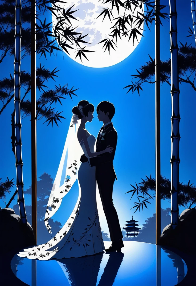 ((Silhouette Art)), 1Bridal Clothing, (Double contact:1.3), Weddings at the restaurant overlooking a Japanese garden surrounded by bamboo trees, Blue Moon, (close up), promote, complicated, (best quality, masterpiece, representative work, Official Art, professional, Unity 8k wallpaper:1.3)
