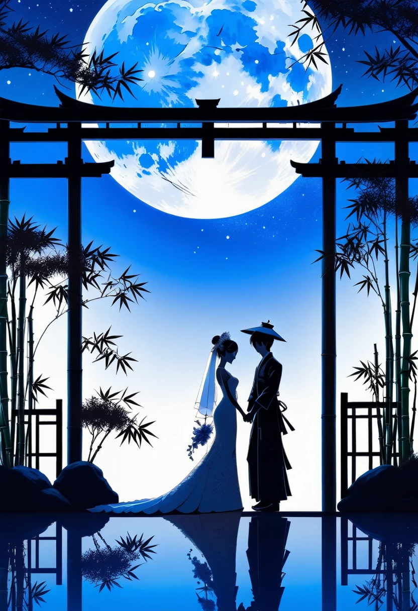 ((Silhouette Art)), 1Bridal Clothing, (Double contact:1.3), Weddings at the restaurant overlooking a Japanese garden surrounded by bamboo trees, Blue Moon, (close up), promote, complicated, (best quality, masterpiece, representative work, Official Art, professional, Unity 8k wallpaper:1.3)