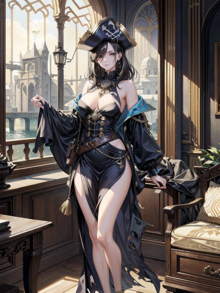 absurdres, RAW photo, extremely delicate and beautiful, masterpiece, Best Quality, ultra high resolution, 32k, hyperrealistic, ultra-detailed, perfect anatomy, anatomically correct, perfect figure, Perfect Style, Perfect balance, super Detailed skin, in her 30s, very Slim body, narrow waist, very small head, very small face, delicate facial features, handsome detailed woman, very detailed eyes and face, realistic face proportions, Realistic beautiful face, Realistic beautiful eyes, tearful mole, earring, big tits, full body shot, bare legs, medium hair, indoor, Legendary Pirate costume, Practical pirate clothing, Long-sleeved pirate top, Skirt, shirt, Torn pirate hat,