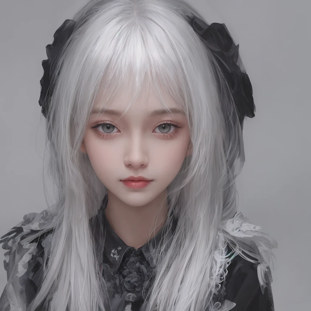 albino girl , gray pupils , long white hair with a headband