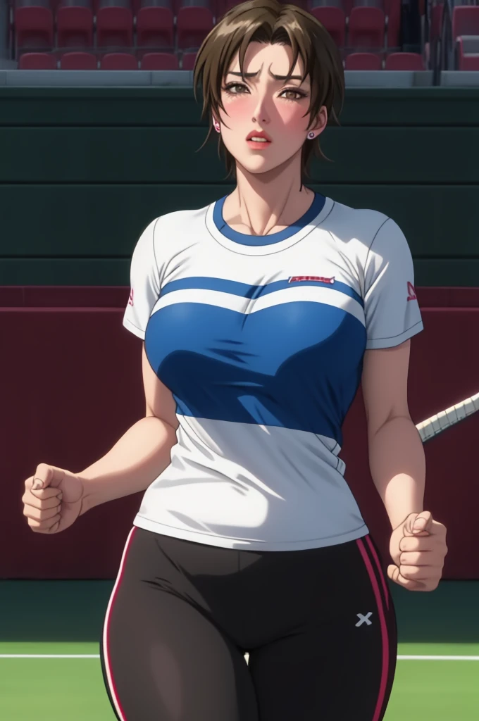 work of art, (high qualiy:1.1),  details Intricate,  cinematic lighting, motion lines, 
Ikumi Sunohara,  1 girl,  mature woman, milf,  (standing alone:1.3),  going, sprinting, from behind,  in this, tight clothing,  fists,
(looking ahead at viewer:1.1),  blush, teeths, suprised, sweat,
shorth hair,  eyes browns,  aretes,  Ablaze,  lips,
(two-tone t-shirt:1.1),  yoga pants, tennis, 
breasts big,  thicc thighs,
Inside the house, Stadium, 
