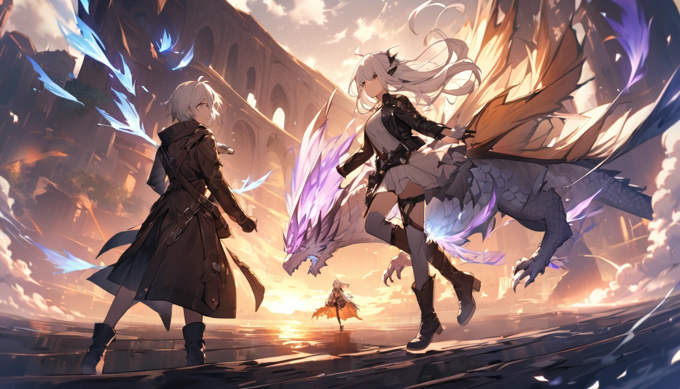 mysterious。White Hair Girl。詳細なbackground:Adventurer from Another World:
background:Spectacular scenery of the fantasy world、Dragons fly in the sky。
White Hair Girl:Adventurer's Equipment、Leather jacket and boots。A small dragon on his shoulder。
effect:Magical energy emanating from the girl's hand、backgroundに浮かび上がる魔法陣。