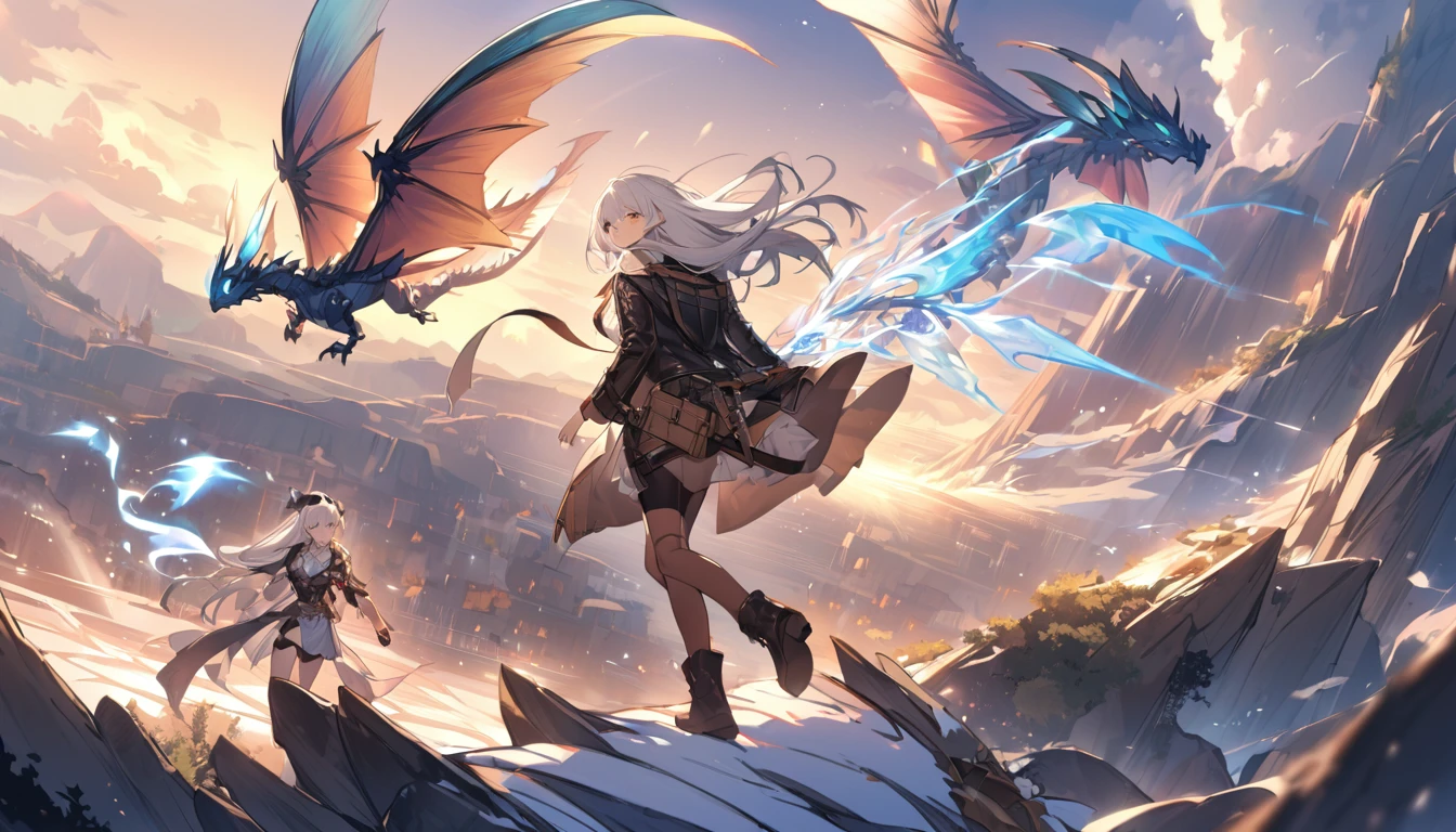 mysterious。White Hair Girl。詳細なbackground:Adventurer from Another World:
background:Spectacular scenery of the fantasy world、Dragons fly in the sky。
White Hair Girl:Adventurer's Equipment、Leather jacket and boots。A small dragon on his shoulder。
effect:Magical energy emanating from the girl's hand、backgroundに浮かび上がる魔法陣。