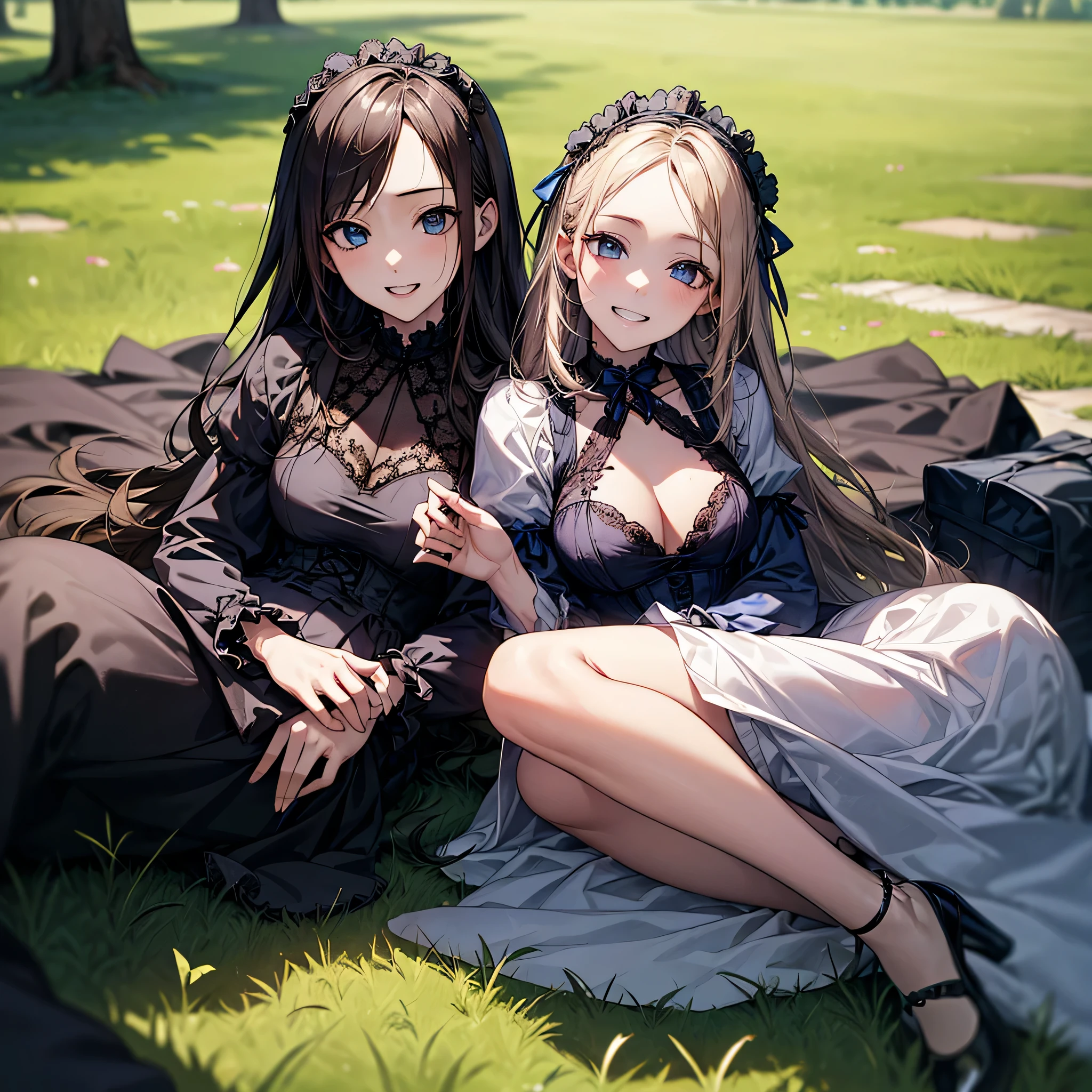 (Biologically correct limb count)、Full body, including face、4K、masterpiece、Focus on the face、Well-proportioned facial features、Delicate descriptive eyes、One beautiful woman、Excellent style、(Blue Gothic ta)、(Grin)、look up、Photos with white borders、Looking into the camera、Lying on the lawn in the park、