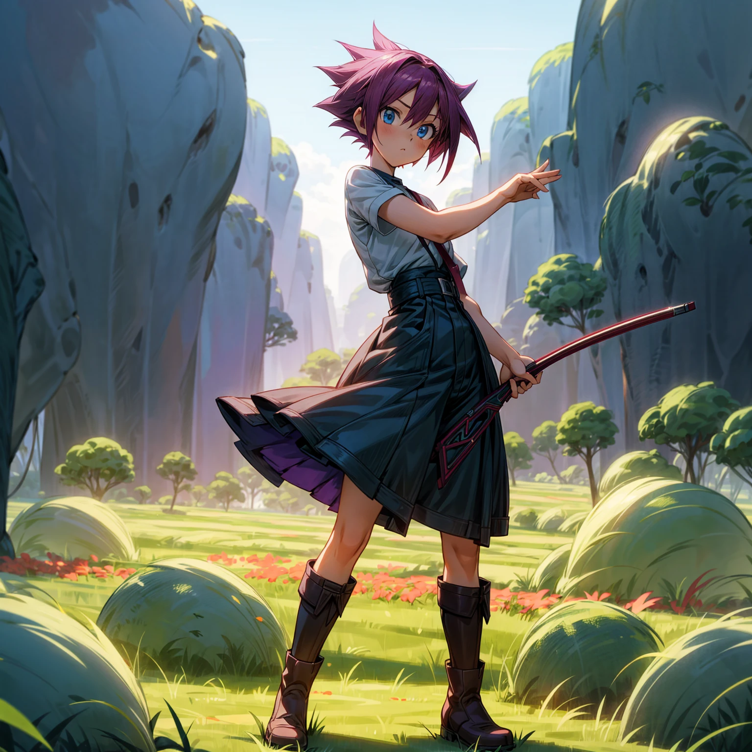 1girl, Full body version, 1character, blue eyes, short haircut, magenta color hair, Farmer style outfit, Boots, Grassroots, full background in field town, motion blur, lighting, (Hunter x Hunter style art), shotgun in hand, standing gesture, tall girl 