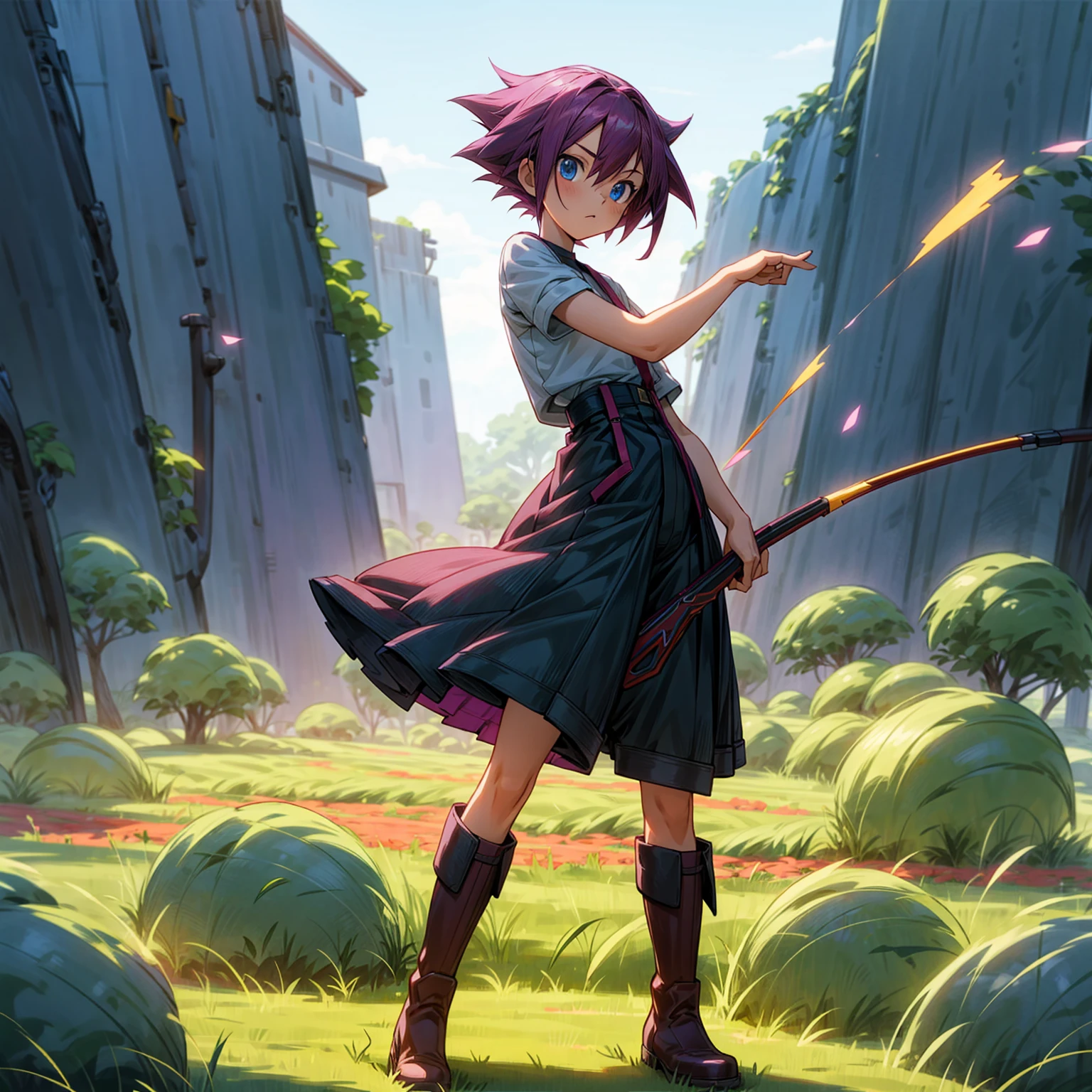 1girl, Full body version, 1character, blue eyes, short haircut, magenta color hair, Farmer style outfit, Boots, Grassroots, full background in field town, motion blur, lighting, (Hunter x Hunter style art), shotgun in hand, standing gesture, tall girl 