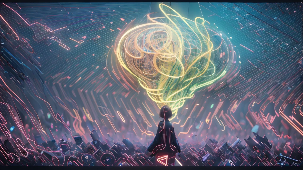 offcial art,Unity 8k wallpaper,ultra - detailed,Beauty and aesthetics,tmasterpiece,best qualtiy,(zentangle,datura,Tangles,Entangled),(s fractal art:1.3),1 The Girl With Her Back Turned,Very detailed,dynamic angle,cowboy shot,Most Beautiful Form of Chaos,elegant,Fauvistdesign,vivd colour,romanticism lain,James Jean,robbie devi antono,by Ross Tran,francis bacon,michal mraz,Adrian Ghenny,petra cortright,gerhard richter,takato yamamoto,Ashley Wood,Atmospheric,A note of ecstasy,streaming musical notes visible