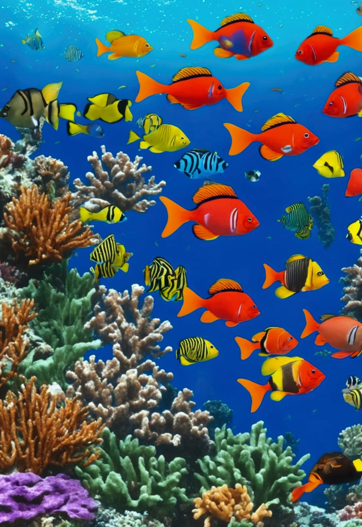  Create a vibrant underwater scene featuring a school of colorful fish swimming gracefully through a coral reef. Add in a variety of fish species with different shapes, sizes, and patterns. Let your creativity shine with bright and bold colors!"