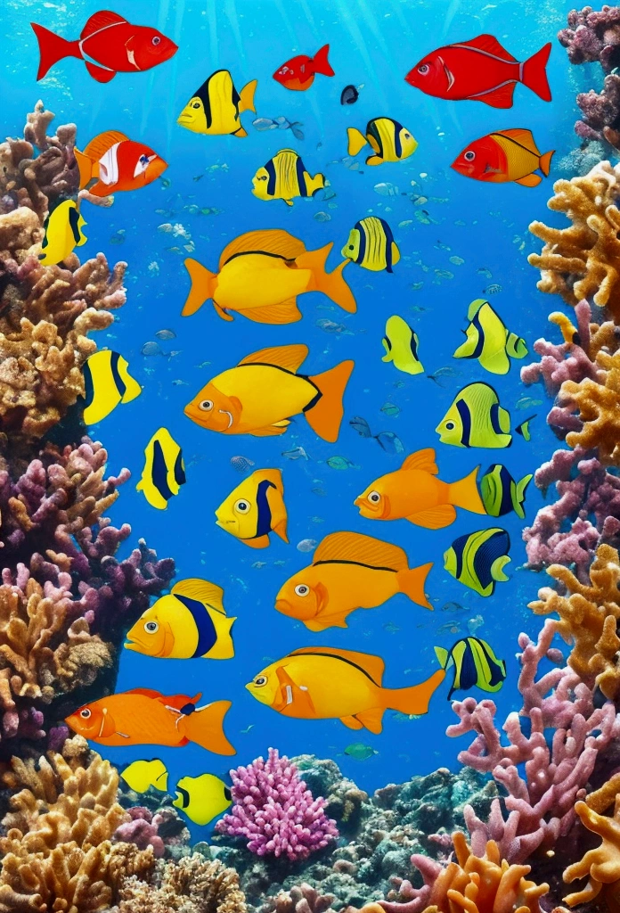  Create a vibrant underwater scene featuring a school of colorful fish swimming gracefully through a coral reef. Add in a variety of fish species with different shapes, sizes, and patterns. Let your creativity shine with bright and bold colors!"