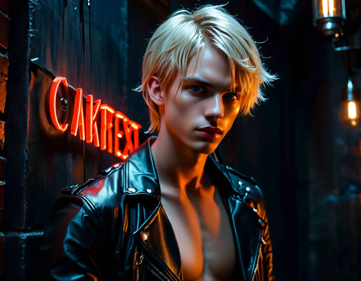 Hyper realistic, dark vibes, solo, young man, round face, 22 years, pale skin, model (skinny:1.2), blue eyes, (short textured blond hair:1.1), tussled side swept fringe to the right, black leather jacket, (holding knife:1.1), dark lighting, standing inside BDSM dungeon room background, foreboding, sexy, attractive, demon, incubus, evil, dark, sadistic expression (smirk:1.1), (red neon sign in background that says "CONTEXT":1.1)