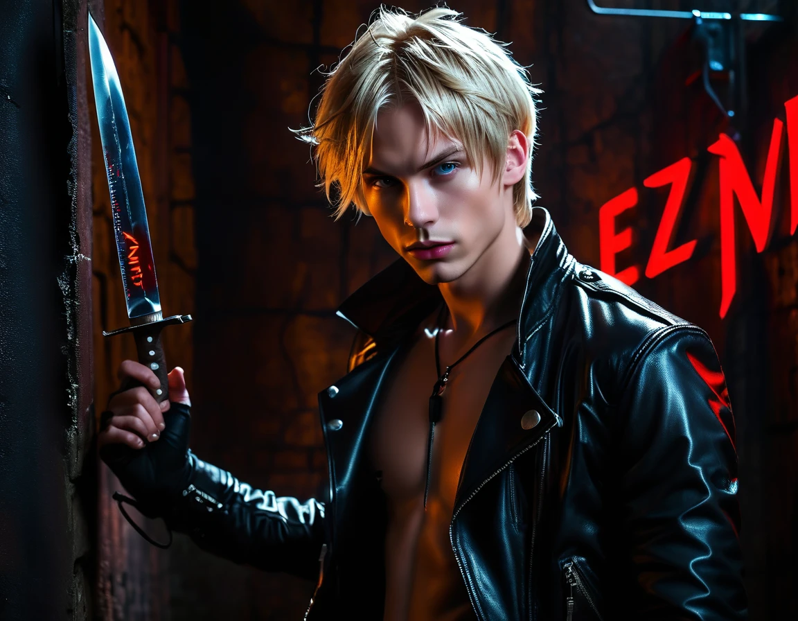 Hyper realistic, dark vibes, solo, young man, round face, 22 years, pale skin, model (skinny:1.2), blue eyes, (short textured blond hair:1.1), tussled side swept fringe to the right, black leather jacket, (holding knife:1.1), dark lighting, standing inside BDSM dungeon room background, foreboding, sexy, attractive, demon, incubus, evil, dark, sadistic expression (smirk:1.1), (red neon sign in background that says "CONTEXT":1.1)