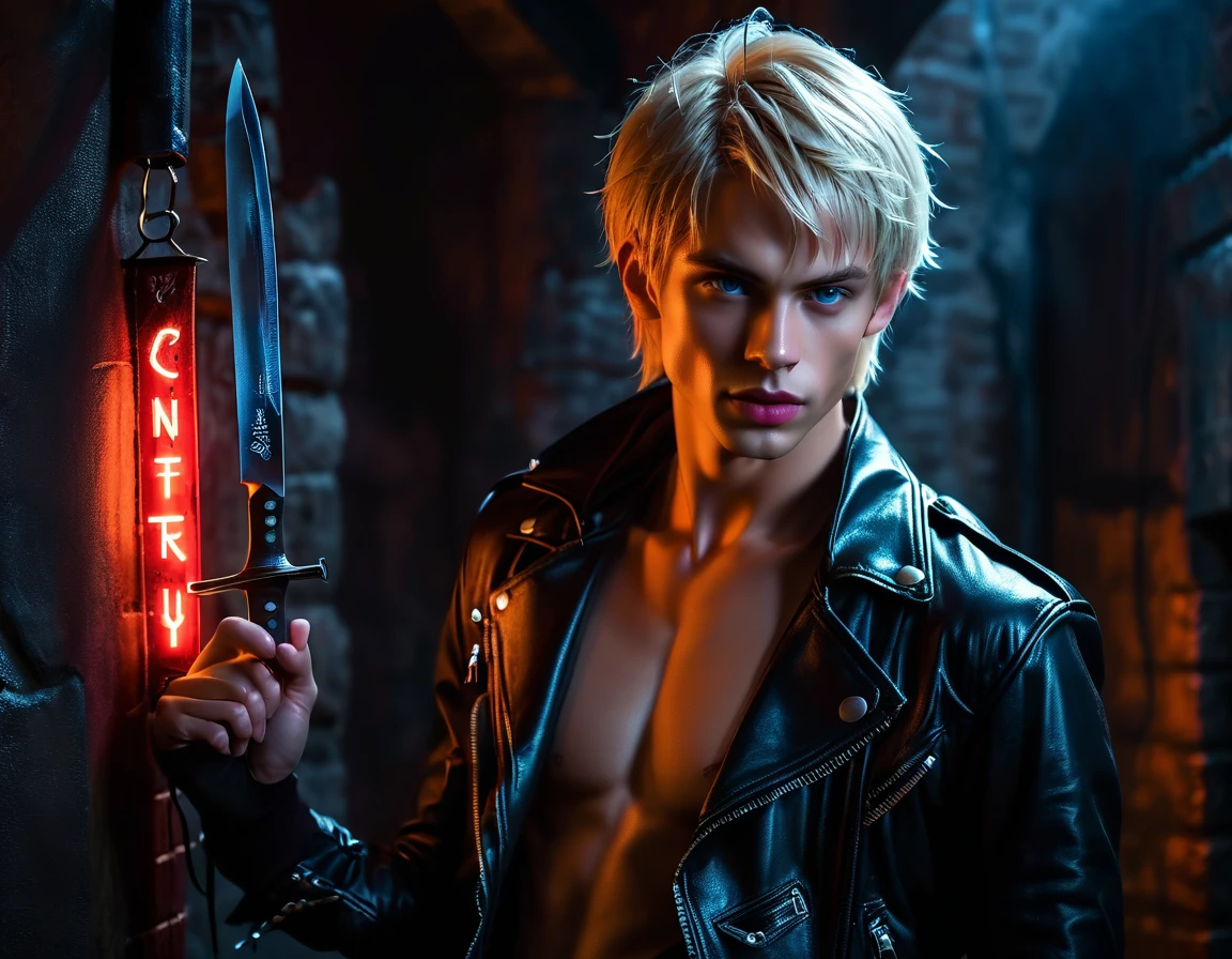 Hyper realistic, dark vibes, solo, young man, round face, 22 years, pale skin, model (skinny:1.2), blue eyes, (short textured blond hair:1.1), tussled side swept fringe to the right, black leather jacket, (holding knife:1.1), dark lighting, standing inside BDSM dungeon room background, foreboding, sexy, attractive, demon, incubus, evil, dark, sadistic expression (smirk:1.1), (red neon sign in background that says "CONTEXT":1.1)