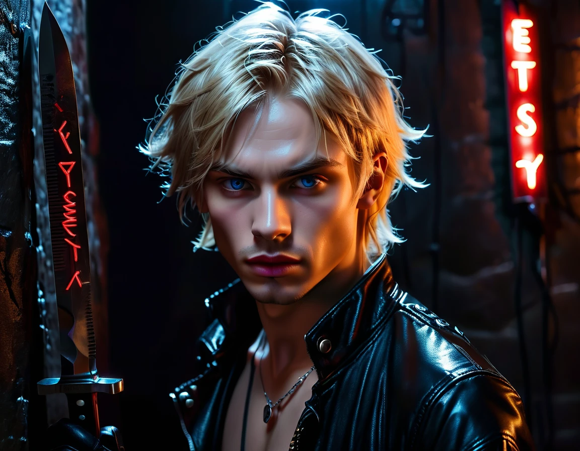 Hyper realistic, dark vibes, solo, young man, round face, 22 years, pale skin, model (skinny:1.2), blue eyes, (short textured blond hair:1.1), tussled side swept fringe to the right, black leather jacket, (holding knife:1.1), dark lighting, standing inside BDSM dungeon room background, foreboding, sexy, attractive, demon, incubus, evil, dark, sadistic expression (smirk:1.1), (red neon sign in background that says "CONTEXT":1.1)