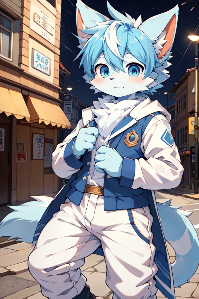 Blue hair，White hair，Blue dragon tail，The end of the tail has white fuzz，hairy，God of Art Super Top Quality, Super detailed, High resolution, Anime cute art style, The best anime, 8k, Kona sauce wallpaper, Pixiv Contest Winners, Perfect anatomical structure, , (Energetic teenager, :1.3), High resolution详细的头发，Iris and pupil are well proportioned，Blue pupils，Blue ears，Single，Light blue coat，White cropped trousers，street