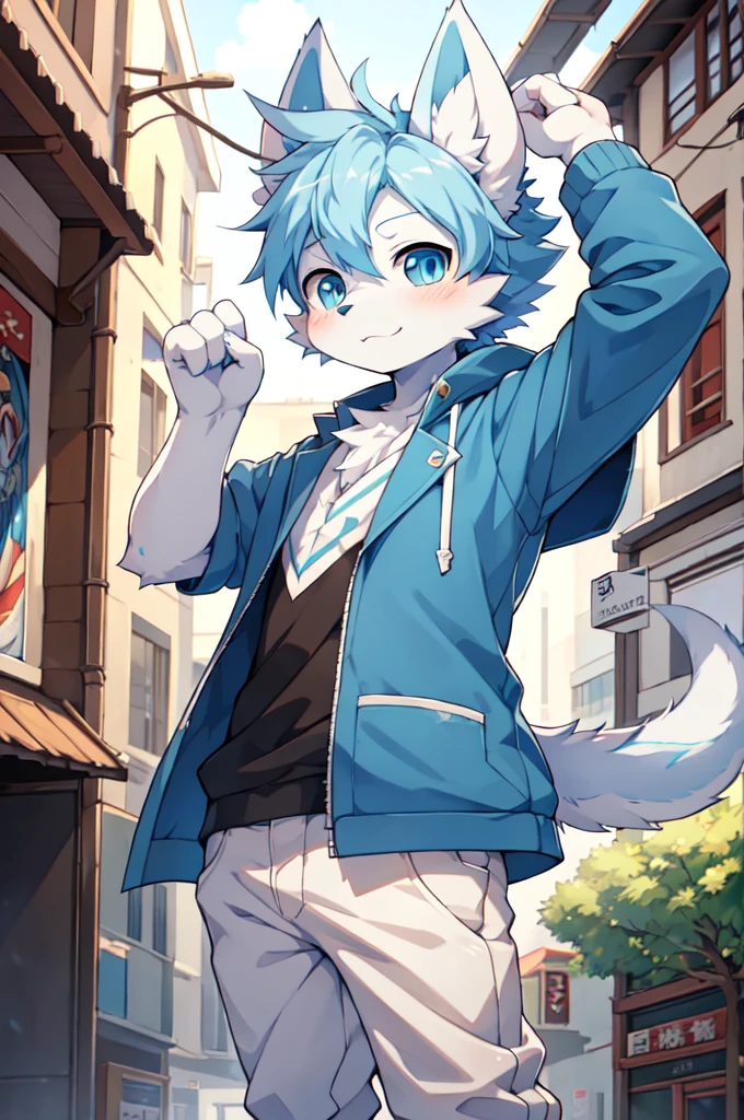 Blue hair,White hair,Blue dragon tail,The end of the tail has white fuzz,hairy,God of Art Super Top Quality, Super detailed, High resolution, Anime cute art style, The best anime, 8k, Kona sauce wallpaper, Pixiv Contest Winners, Perfect anatomical structure, , (Energetic teenager, 13 years old:1.3), High resolution详细的头发,Iris and pupil are well proportioned,Blue pupils,Blue ears,Single,Light blue coat,White cropped trousers,street