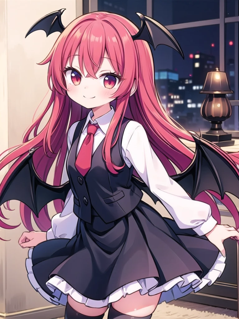 1girl, masterpiece, best quality, perfect hands, very long hair, red hair, koakuma, vest, black vest, black skirt, skirt, very short skirt, red necktie, necktie, white shirt, bat wings, black thighhighs, smile