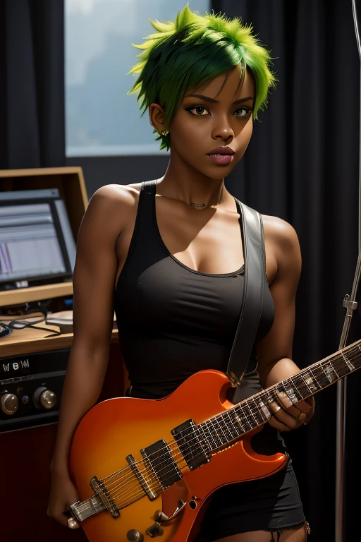 Female 30s, black skin, thick lips, sharp orange eyes, fierce face, short green hair, punk hair spiked, too small breasts, in jamming studio