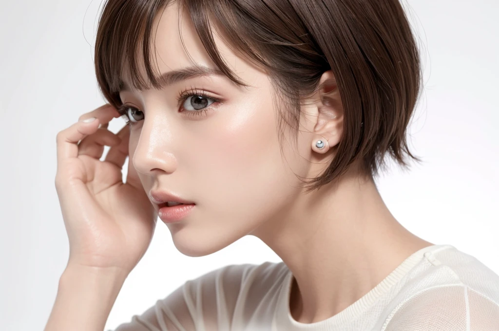 (Highest quality、Tabletop、8k、Best image quality、Award-winning works)、((profile:1.4))、ear、((short hair:1.46)),(Brown Hair)、(White casual clothes:1.2)、(The simplest pure white background:1.3)、(Perfectly fixed in front:1.1),(Portrait with Space:1.2)、Beautiful and exquisite、Perfect Makeup、Ultra-high definition beauty face、Ultra HD Hair、Ultra HD Shining Eyes、Super high quality glossy lip、Accurate anatomy、Very beautiful skin、(Pure white skin shining in ultra-high resolution:1.1)、(Very bright:1.2),Big Natural Color Lip、Lip gloss,Harajuku、cute、cute美人