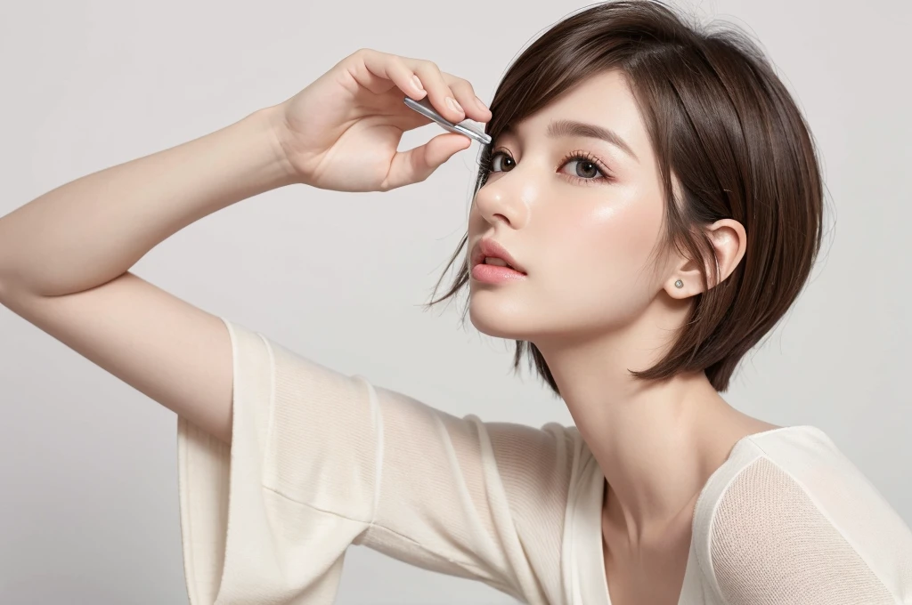 (Highest quality、Tabletop、8k、Best image quality、Award-winning works)、((profile:1.4))、ear、((short hair:1.46)),(Brown Hair)、(White casual clothes:1.2)、(The simplest pure white background:1.3)、(Perfectly fixed in front:1.1),(Portrait with Space:1.2)、Beautiful and exquisite、Perfect Makeup、Ultra-high definition beauty face、Ultra HD Hair、Ultra HD Shining Eyes、Super high quality glossy lip、Accurate anatomy、Very beautiful skin、(Pure white skin shining in ultra-high resolution:1.1)、(Very bright:1.2),Big Natural Color Lip、Lip gloss,Harajuku、cute、cute美人