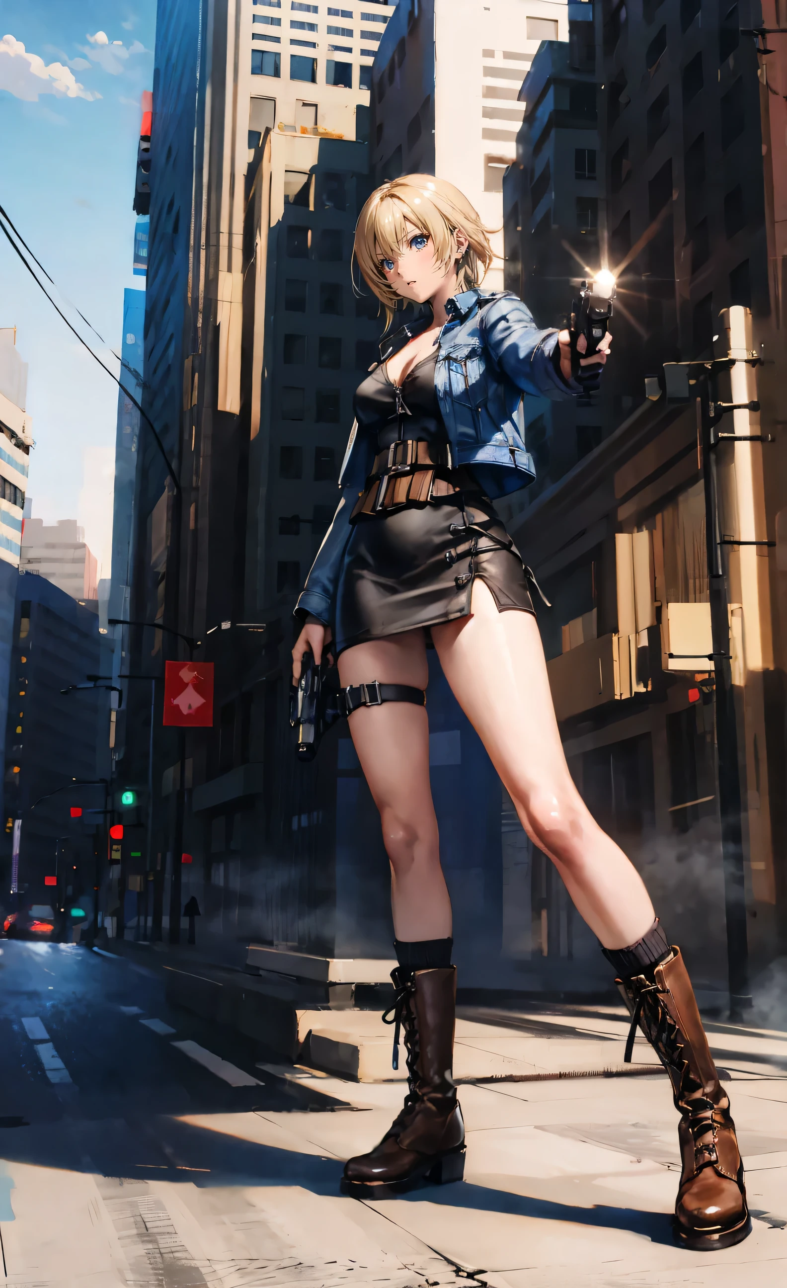 (finely best quality illustration,uhd:1.2), (realistick,attractive mature lady:1.35), 1girl, ayabrea, ash blond hair, Blue eyes, Upturned eyes, (cleavage,medium_breasts:0.7), (thick thighs:1.3), standing, aiming at viewer, handgun, holding pistol, panty shot, (Blue) [jean] Jacket, open_jacket, skin-tight black ((zipper)) short dress, belt, (put boots on over (((socks)))),(((brown))) lace-up boots,black (socks:1.3), ((thigh holster)), full body, from below,In the desert city