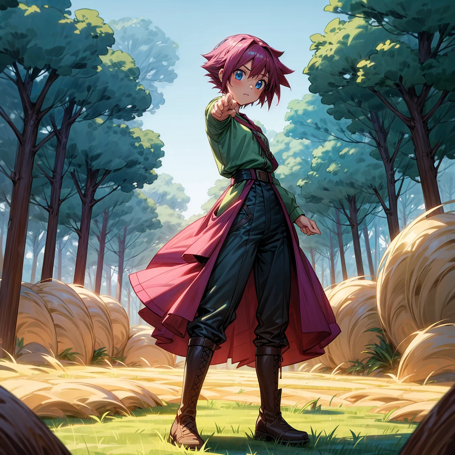 1girl, Full body version, 1character, blue eyes, short haircut, magenta color hair, Farmer style outfit, Boots, Grassroots, full background in field town, motion blur, lighting, (Hunter x Hunter style art), shotgun in hand, standing gesture, tall girl