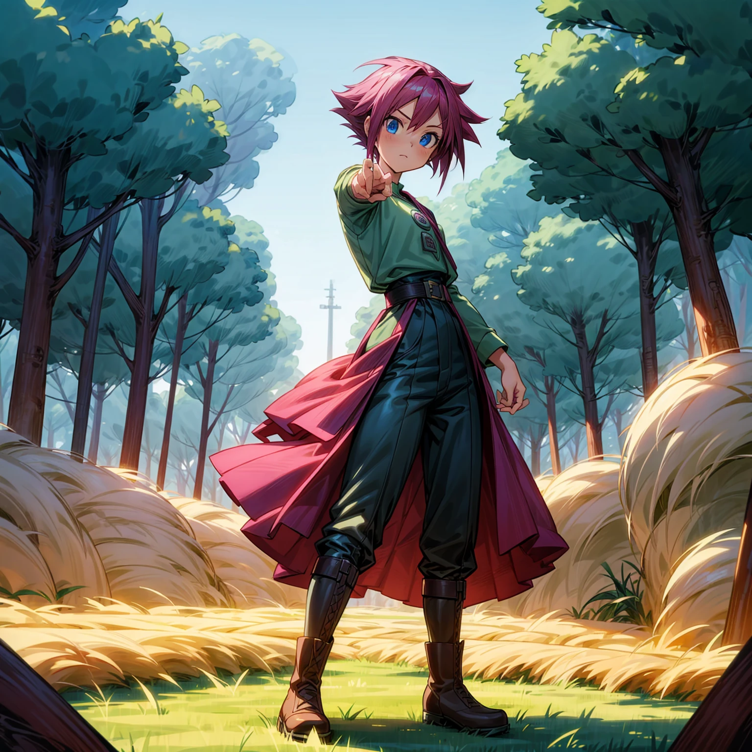 1girl, Full body version, 1character, blue eyes, short haircut, magenta color hair, Farmer style outfit, Boots, Grassroots, full background in field town, motion blur, lighting, (Hunter x Hunter style art), shotgun in hand, standing gesture, tall girl