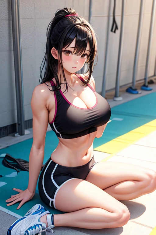athlete girl,black hair,black sports bra,black underpants,very big chest,sitting on floor