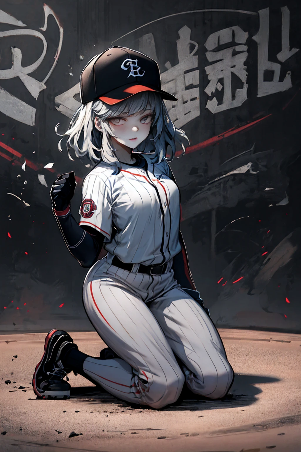 Young and beautiful woman,(Highest quality,Extremely detailed depiction,Incredible high resolution,Anatomically accurate depiction,software),(Glowing Skin,Glowing Skin),baseball player,Baseball uniforms,baseball pants,Baseball cap,gloves,悔しさからOn the mound泣く投手,A regretful face,Kneeling position,background:Baseball field during a game,Walk-off loss,On the mound