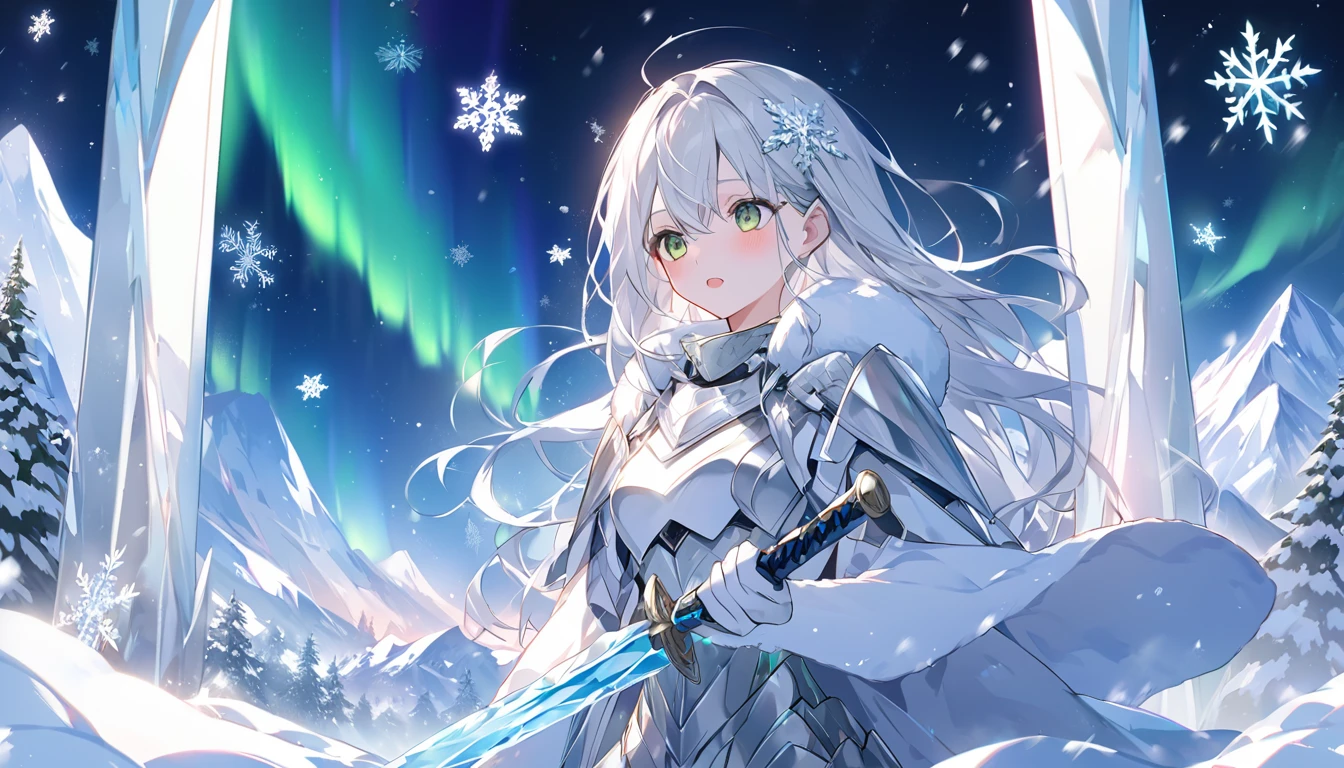 mysterious。White Hair Girl。詳細なbackground：Ice Warrior:

background：Mountains covered with snow and ice、Aurora shining in the night sky。
White Hair Girl：Wearing silver armor、Clutching an ice sword。My cold breath looks white。
effect：剣から放たれる氷のeffect、Snowflakes falling around the girl。