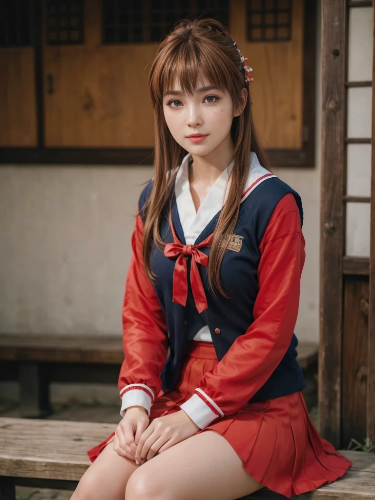 Kasumi, brown eyes, (best quality, ultra-detailed), (realistic:1.37), beautiful and detailed face, ultra-realistic texture, delicate face, delicate body, red lipstick, bright colors. High definition, 8K. expression a slight sweet smile