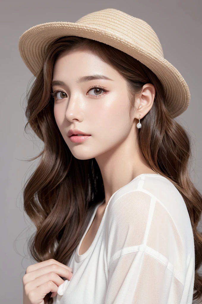 (Highest quality、Tabletop、8k、Best image quality、Award-winning works)、((profile:1.4))、ear、((Medium wavy hair:1.46)),(Brown Hair)、(White casual clothes:1.2)、(The simplest pure white background:1.3)、(Perfectly fixed in front:1.1),(Portrait with Space:1.2)、Beautiful and exquisite、Perfect Makeup、Ultra-high definition beauty face、Ultra HD Hair、Ultra HD Shining Eyes、Super high quality glossy lip、Accurate anatomy、Very beautiful skin、(Pure white skin shining in ultra-high resolution:1.1)、(Very bright:1.2),Big Natural Color Lip、Lip gloss,Harajuku、cute、cute美人