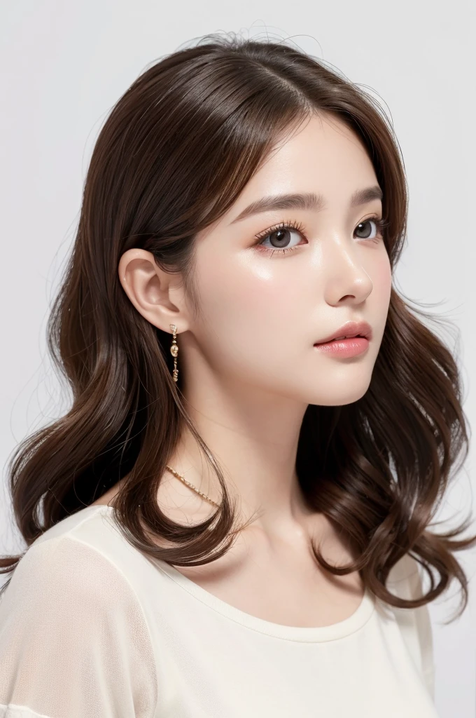 (Highest quality、Tabletop、8k、Best image quality、Award-winning works)、((profile:1.4))、ear、((Medium wavy hair:1.46)),(Brown Hair)、(White casual clothes:1.2)、(The simplest pure white background:1.3)、(Perfectly fixed in front:1.1),(Portrait with Space:1.2)、Beautiful and exquisite、Perfect Makeup、Ultra-high definition beauty face、Ultra HD Hair、Ultra HD Shining Eyes、Super high quality glossy lip、Accurate anatomy、Very beautiful skin、(Pure white skin shining in ultra-high resolution:1.1)、(Very bright:1.2),Big Natural Color Lip、Lip gloss,Harajuku、cute、cute美人