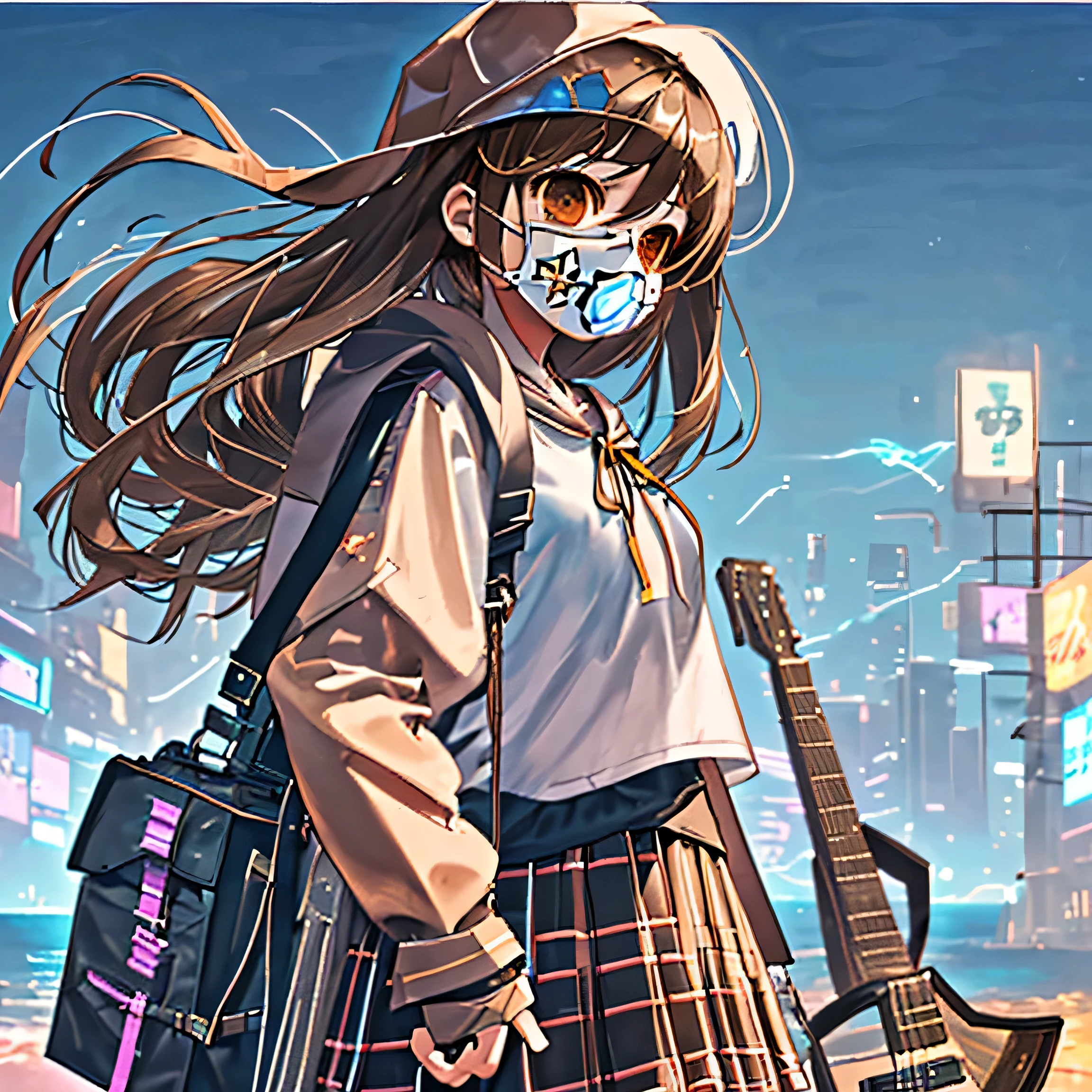 At dusk，Brown hair girl，Wearing a white shirt and plaid skirt，The hood covered her face，She carries a backpack on one shoulder，A guitar on one shoulder，Facing the sea。