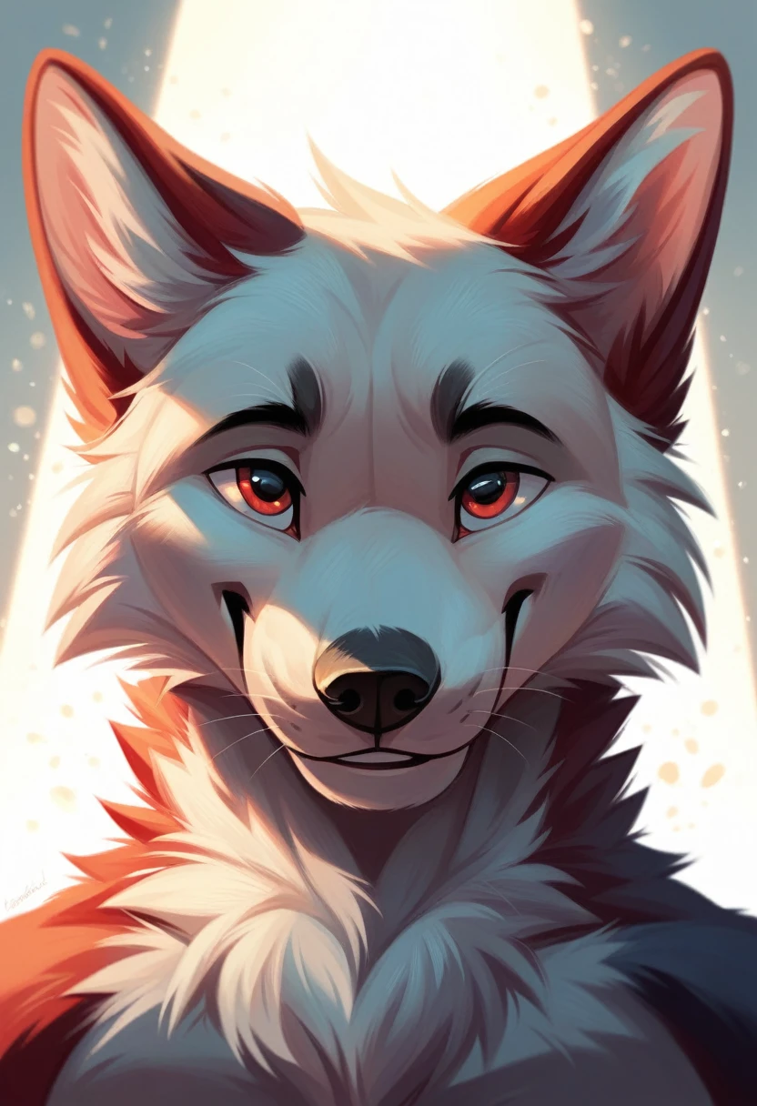 solo male, white borger collie, furry, smiling, red fur, Black fur stripe, netral, Traumatized face, dynamic lighting, illustration, beautiful, particles (high quality,4k,8k,highres,masterpiece:1.2), ultra-detailed, impressionistic:colorful,]