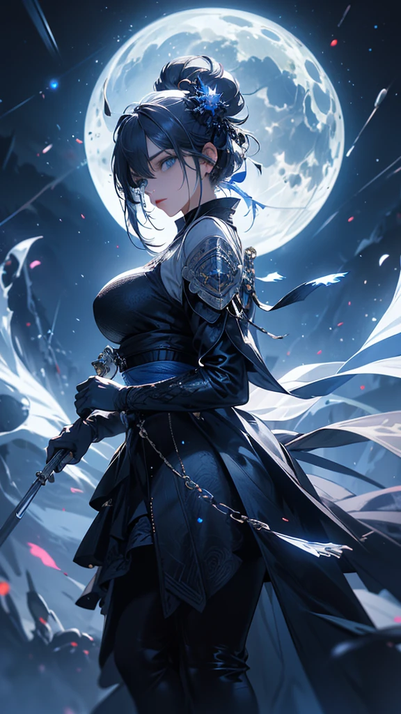 masterpiece, high quality, 4K, Beautiful design, silhouette,Gray Hair, 非常に詳細な夜のStarry Sky,ice World, wonderful, Finer details, Very knowledgeable woman, Highly detailed solo, 1 female,blue eyes,Big Breasts,Gothic ta Fashion,Night view,Starry Sky,Blue Full Moon,