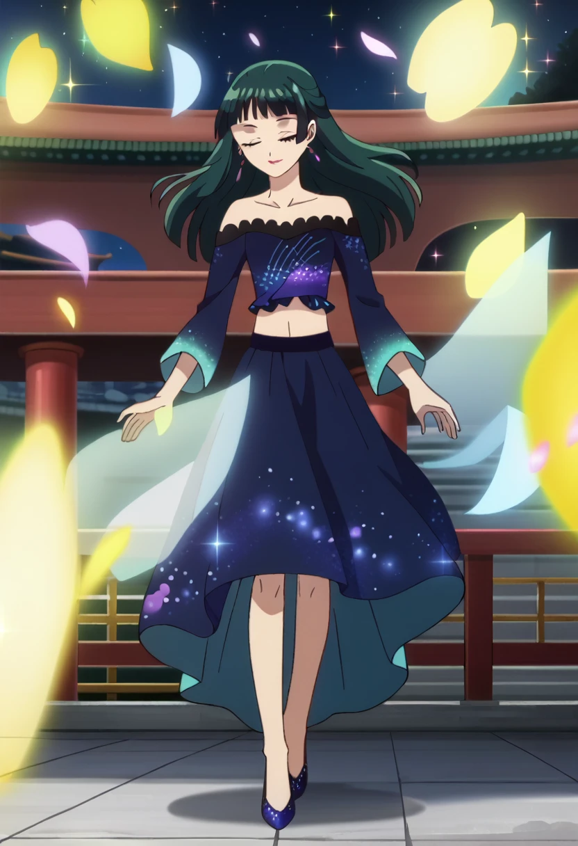 1girl, maomao, solo, green hair, long hair, blue eyes, BREAK maomao, solo, sparkling dress, blue dress, closed eyes, earrings, full body, floating hair, floating clothes, sparkle background, starry background, midriff, collarbone, sparkling footwear, layered dress, petals, falling petals, jewelry, long sleeves, sidelocks, blunt bangs, straight hair, hair beads, purple earrings, star earrings, glint, sparkle, partially bare shoulders, lipstick, makeup, pink mascara, pink eyeliner, BREAK score_9, score_8_up, score_7_up, score_6_up, score_5_up, score_4_up, anime, BREAK (high quality, detailed, beautiful), shiny, detailed beautiful eyes, outstanding, countershading, detailed soft lighting,dynamic pose,oriental hair ornaments, oriental hair pin,firework, balcony,buildings,smile,cowboy shot