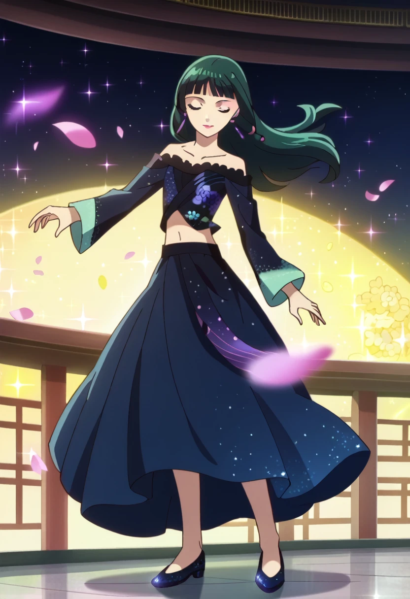 1girl, maomao, solo, green hair, long hair, blue eyes, BREAK maomao, solo, sparkling dress, blue dress, closed eyes, earrings, full body, floating hair, floating clothes, sparkle background, starry background, midriff, collarbone, sparkling footwear, layered dress, petals, falling petals, jewelry, long sleeves, sidelocks, blunt bangs, straight hair, hair beads, purple earrings, star earrings, glint, sparkle, partially bare shoulders, lipstick, makeup, pink mascara, pink eyeliner, BREAK score_9, score_8_up, score_7_up, score_6_up, score_5_up, score_4_up, anime, BREAK (high quality, detailed, beautiful), shiny, detailed beautiful eyes, outstanding, countershading, detailed soft lighting,dynamic pose,oriental hair ornaments, oriental hair pin,firework, balcony,buildings,smile,cowboy shot