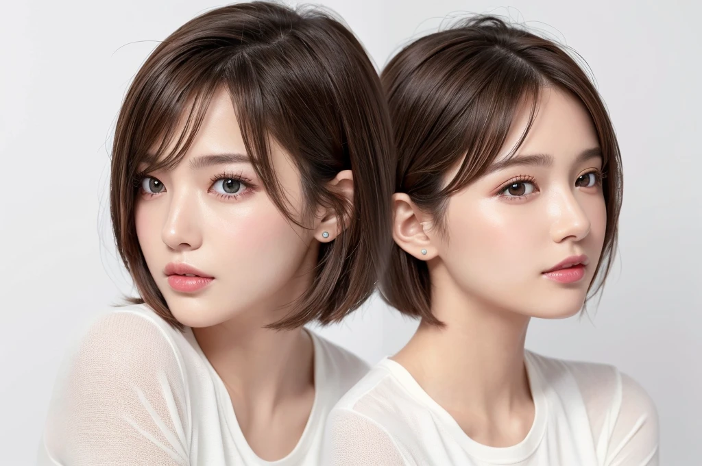 (Highest quality、Tabletop、8k、Best image quality、Award-winning works)、((profile:1.4))、ear、((short hair:1.46)),(Brown Hair)、(White casual clothes:1.2)、(The simplest pure white background:1.3)、(Perfectly fixed in front:1.1),(Portrait with Space:1.2)、Beautiful and exquisite、Perfect Makeup、Ultra-high definition beauty face、Ultra HD Hair、Ultra HD Shining Eyes、Super high quality glossy lip、Accurate anatomy、Very beautiful skin、(Pure white skin shining in ultra-high resolution:1.1)、(Very bright:1.2),Big Natural Color Lip、Lip gloss,Harajuku、cute、cute美人